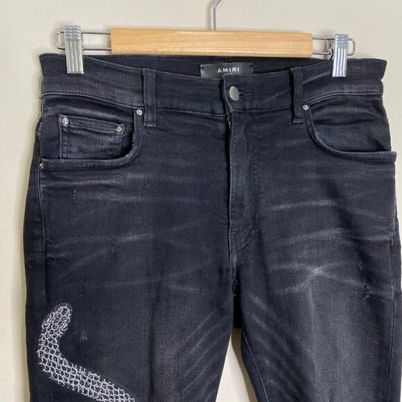 Amiri Glitter Snake Patch Broken Skinny Jeans Distressed Sz 30 FLAW - Picture 4 of 14